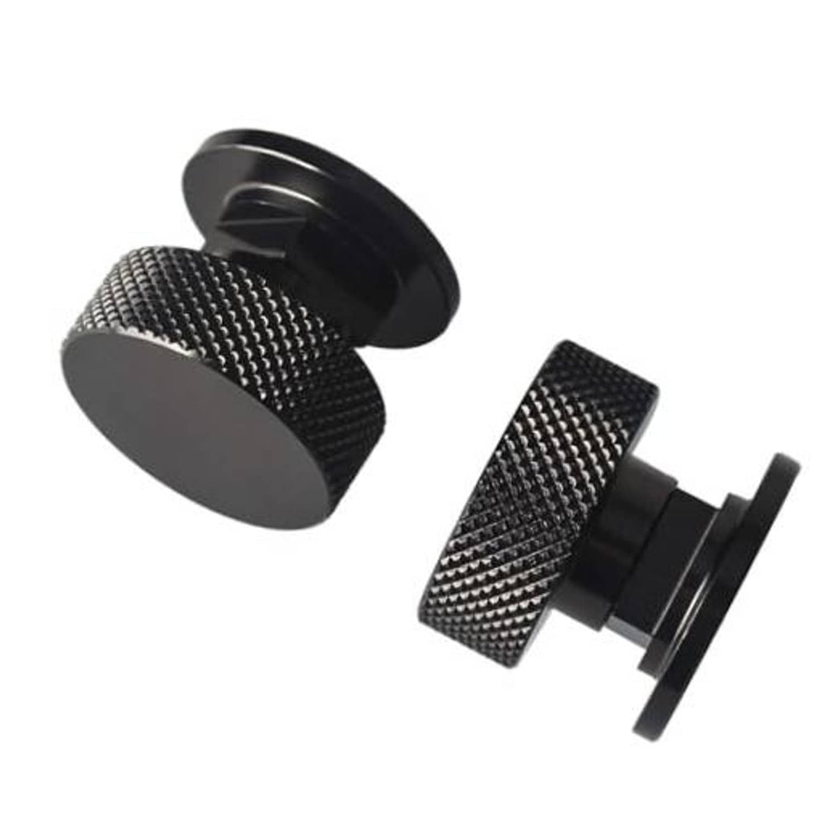 Black knurled welding helmet fastener set, round cap and threaded base