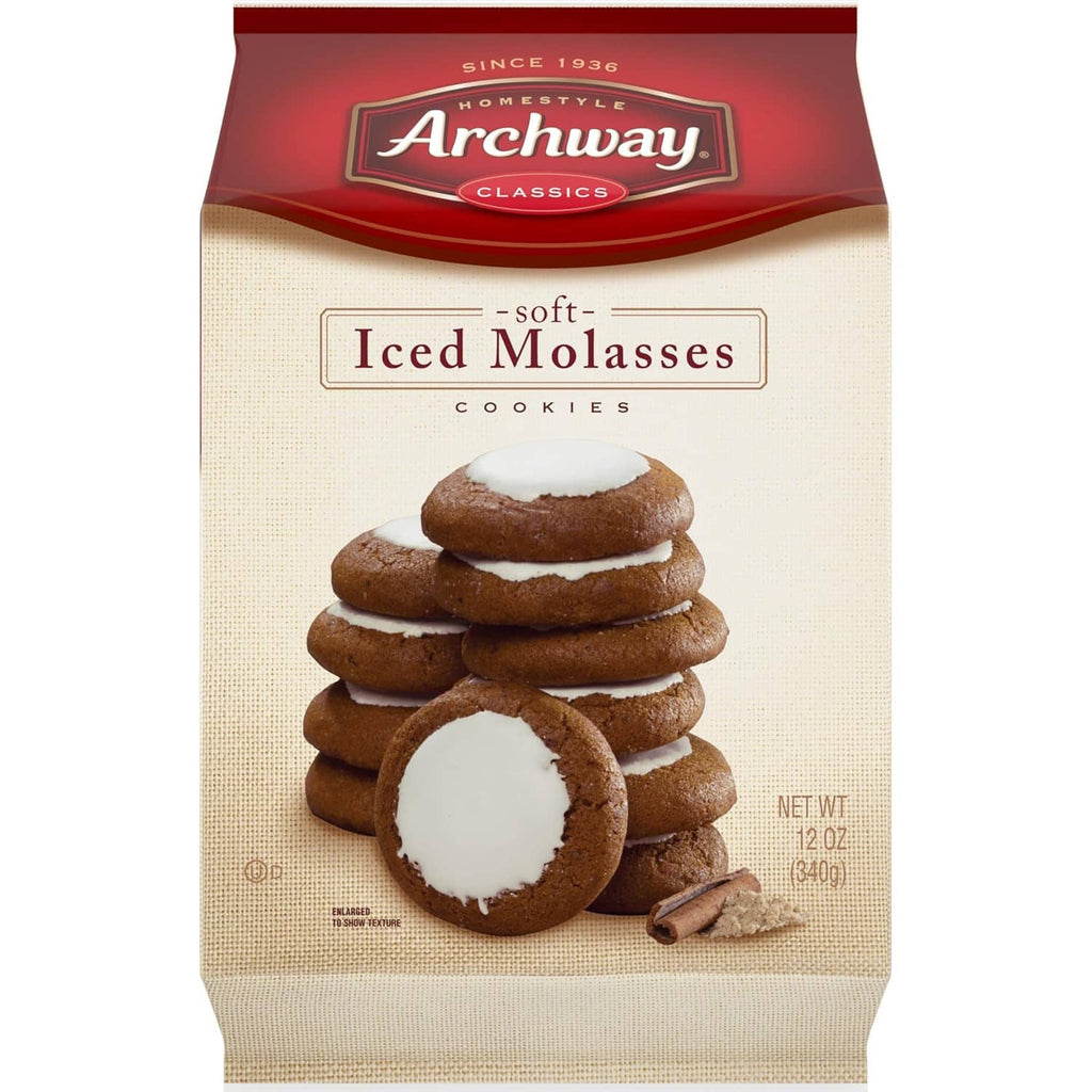 Archway iced molasses cookies bag with stacked cookies and white icing center