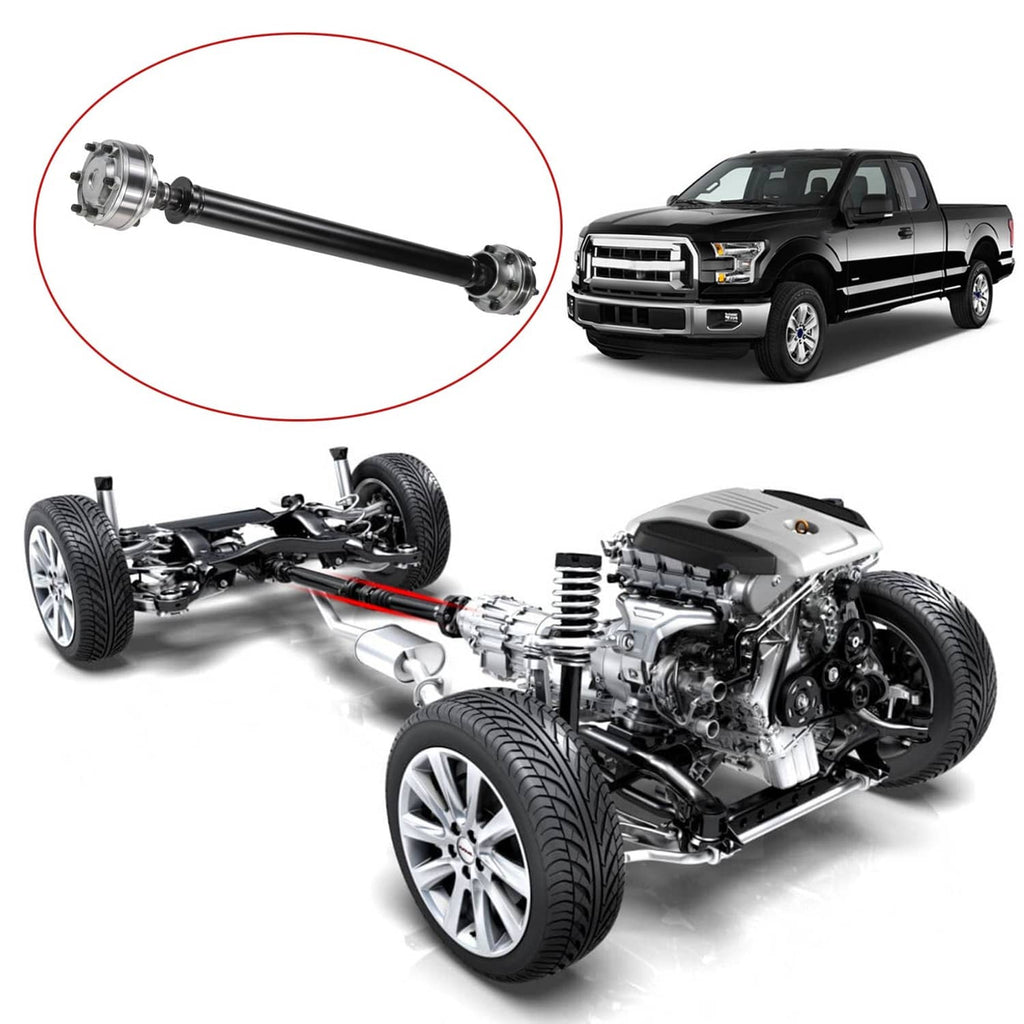Front driveshaft prop shaft with front flange and U-joint, angled perspective