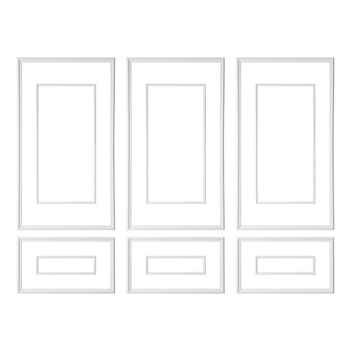 White wall molding panels kit with three square frames and three horizontal accent trims