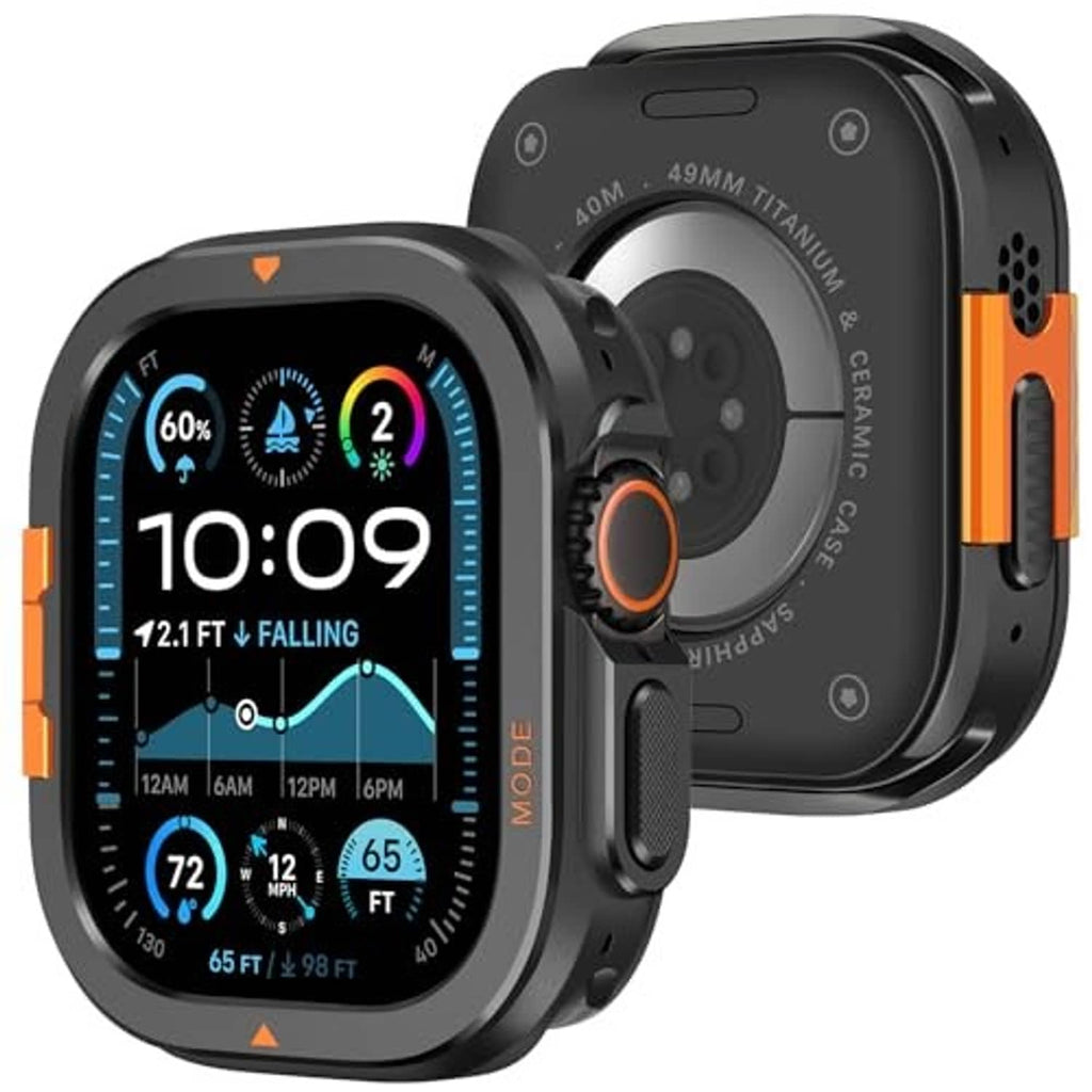 Black metal watch case with orange side accents and rugged bumper, front view