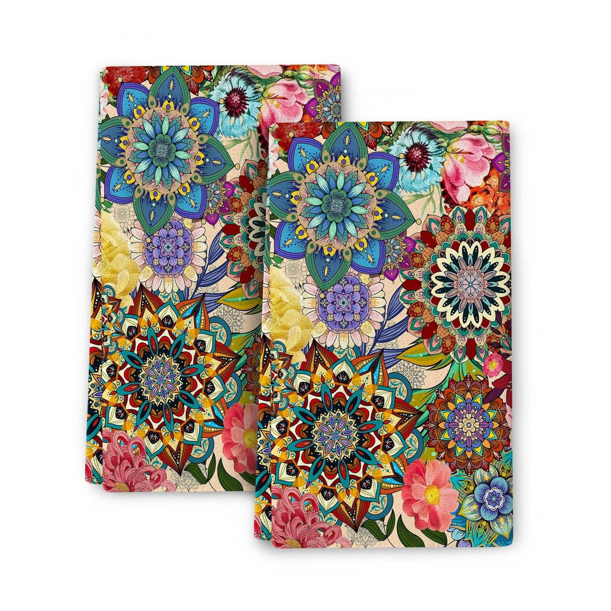 Set of 2 boho floral kitchen towels with colorful flower mandala patterns