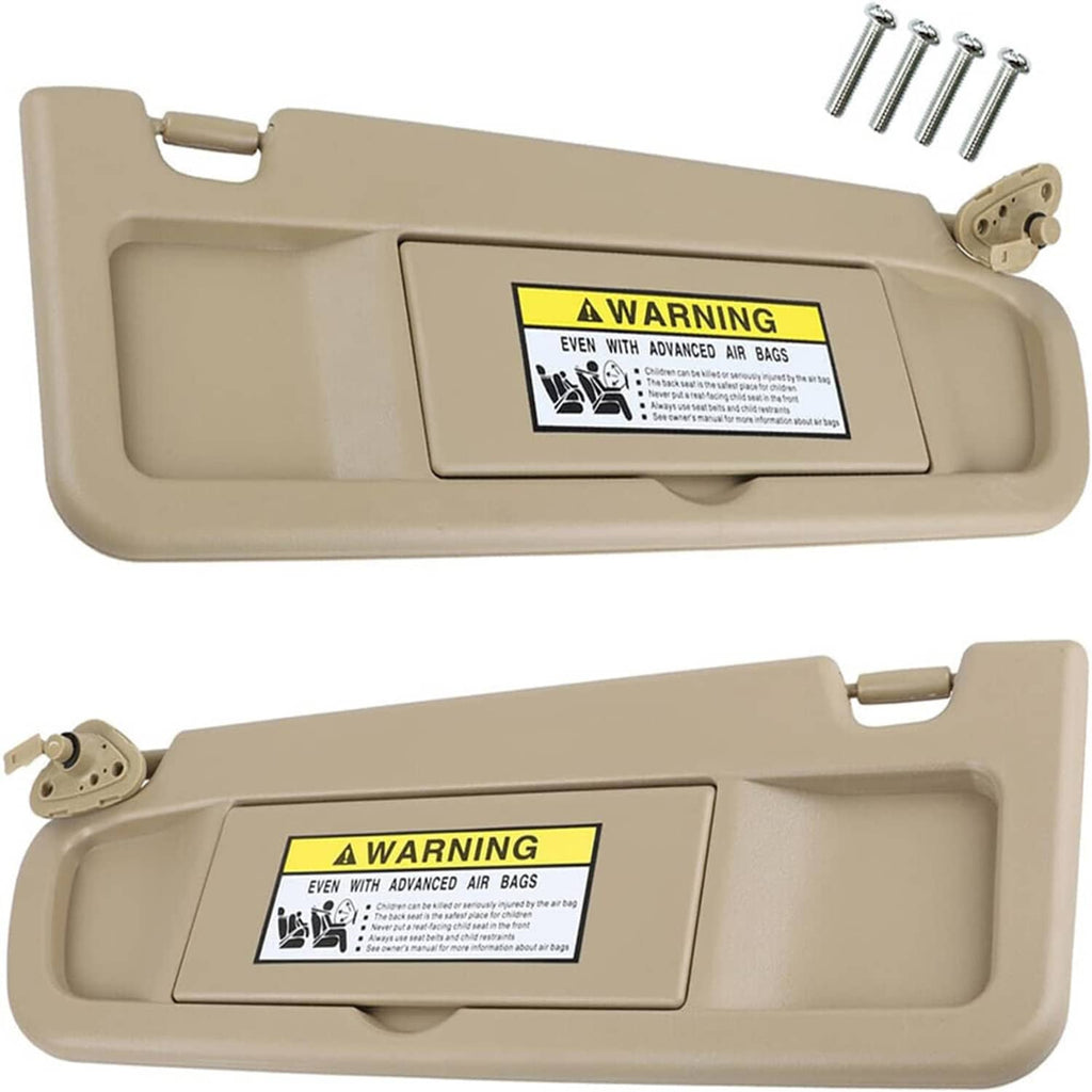 Beige sun visor pair with warning label, includes mounting hardware