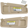 Beige sun visor pair with warning label, includes mounting hardware