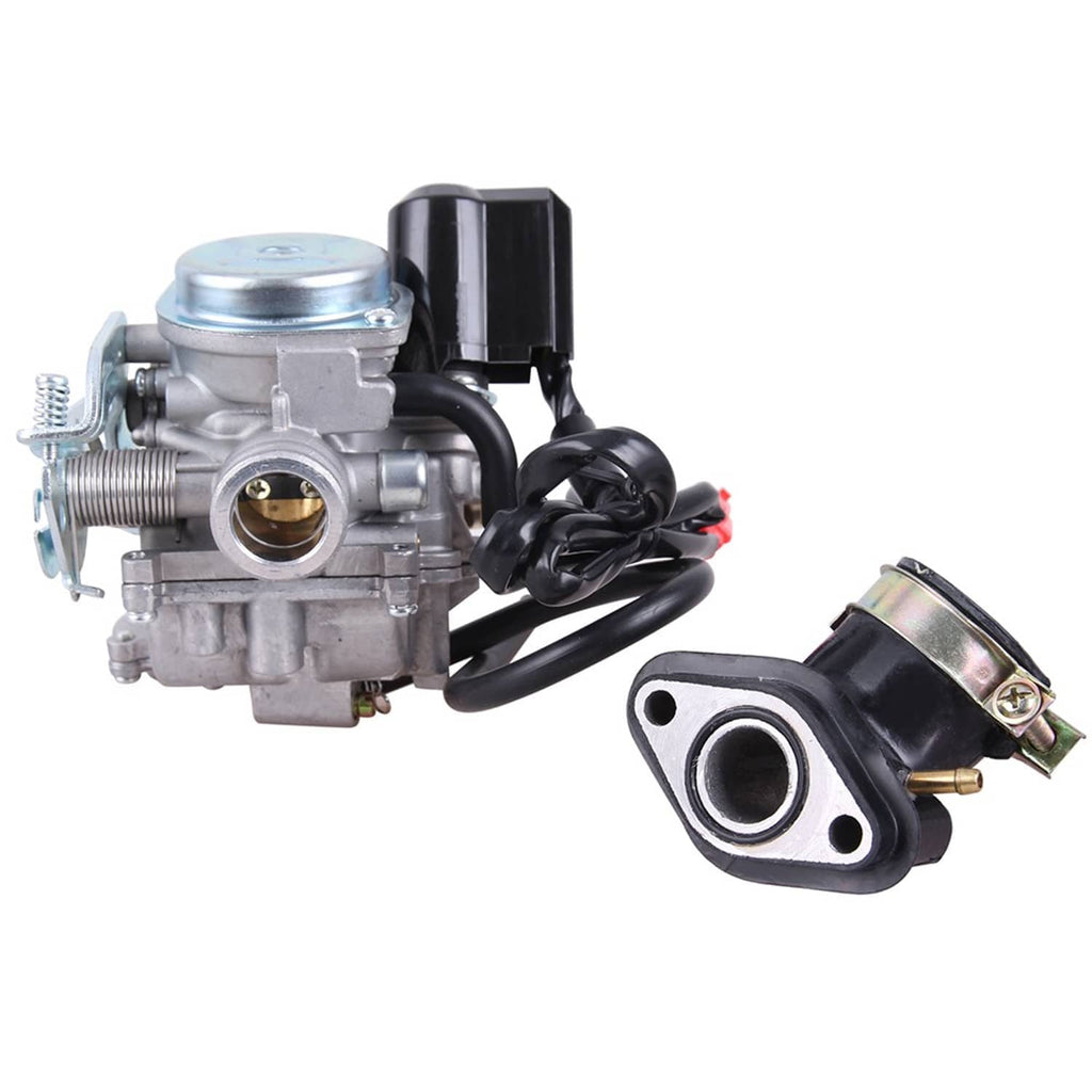 GY6-style carburetor with black intake fitting, silver body, and electrical wiring harness