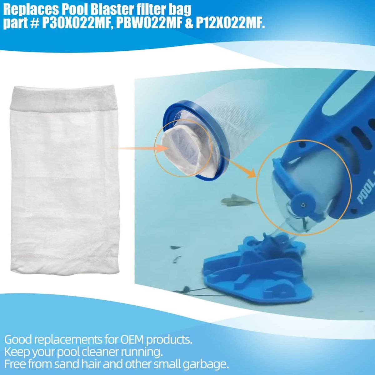 White mesh filter bag pouch for pool vacuums, single open-top bag
