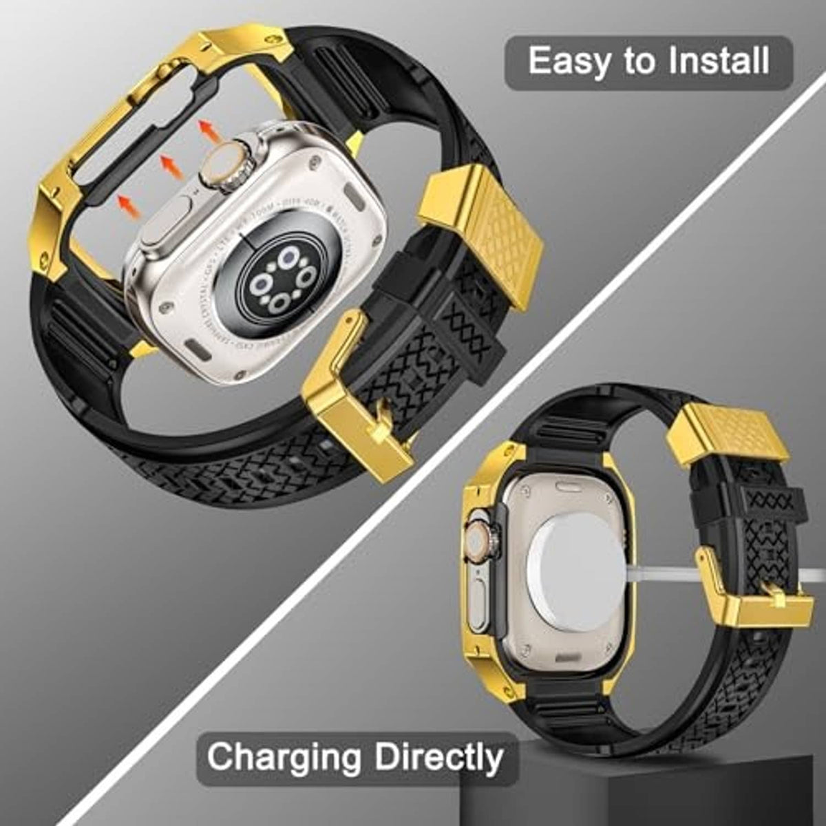 Gold and black rugged smartwatch case with textured band detail