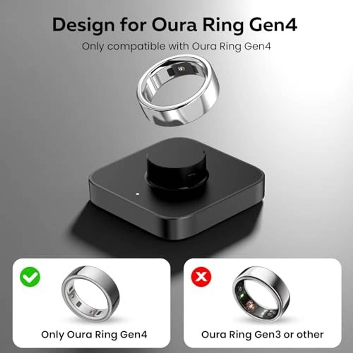 Black charging dock with centered circular ring cradle and power connector on base