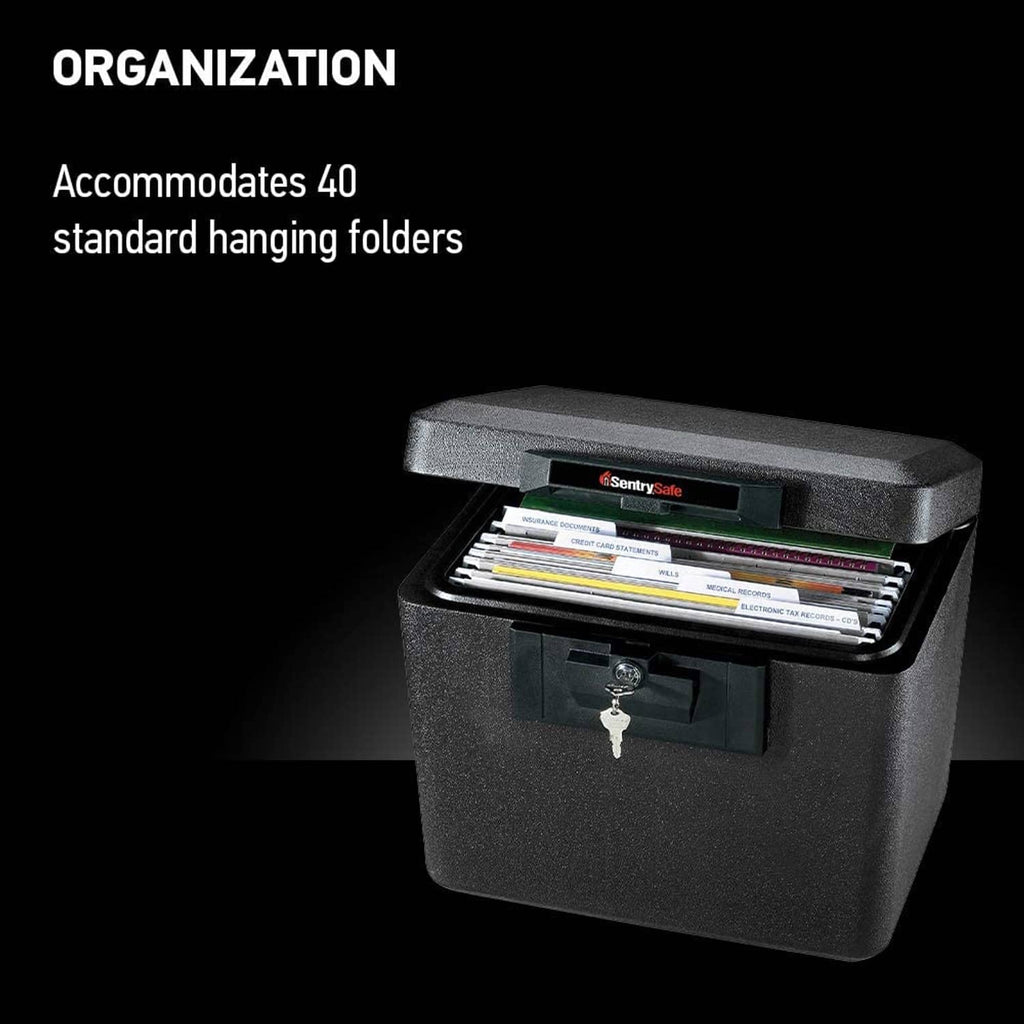 Black fireproof document safe with open top drawer and key lock; papers visible inside
