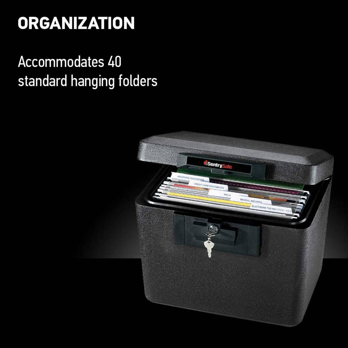 Black fireproof document safe with open top drawer and key lock; papers visible inside