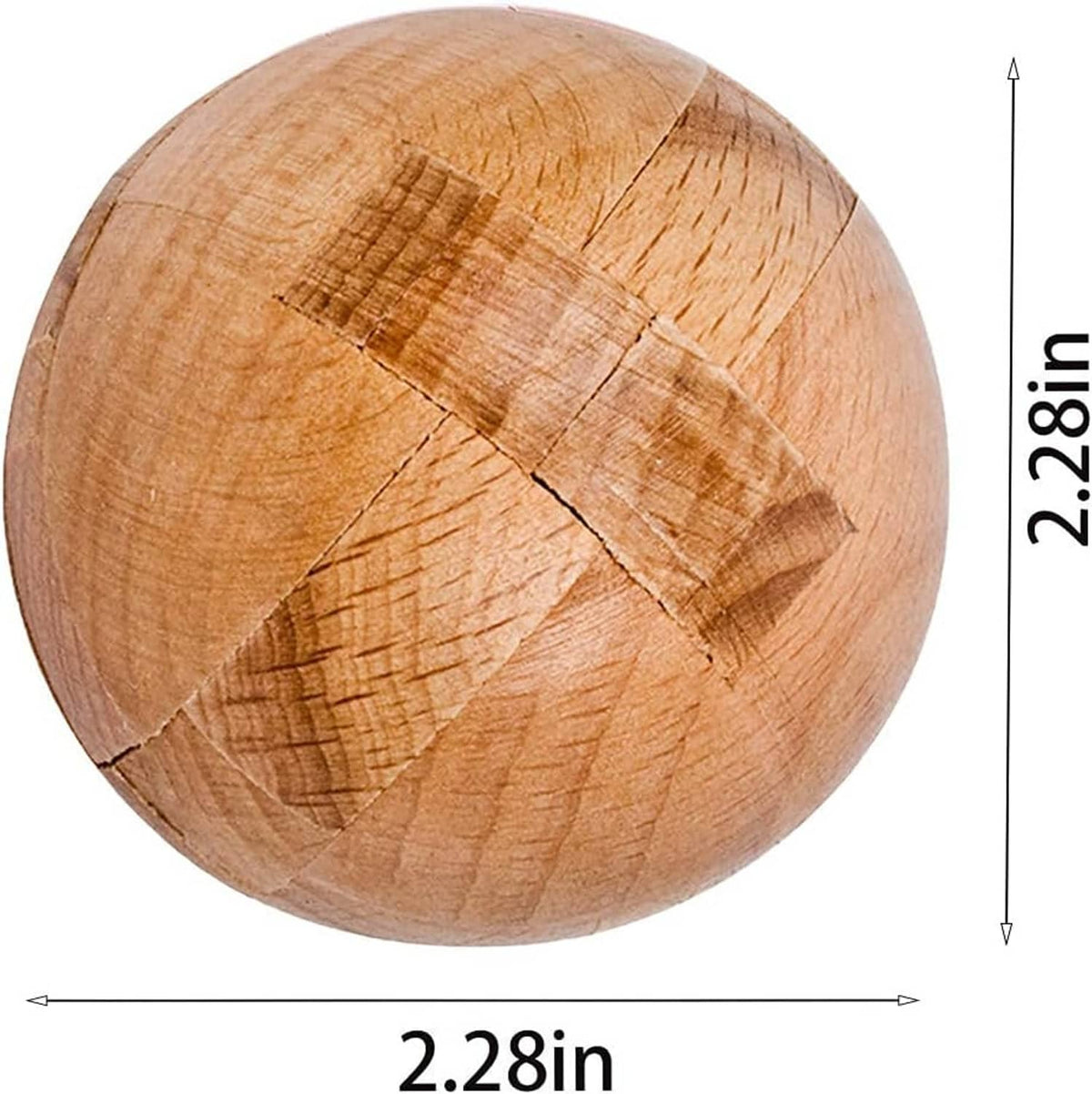 Wooden puzzle sphere ball, showing wood grain and size measurement