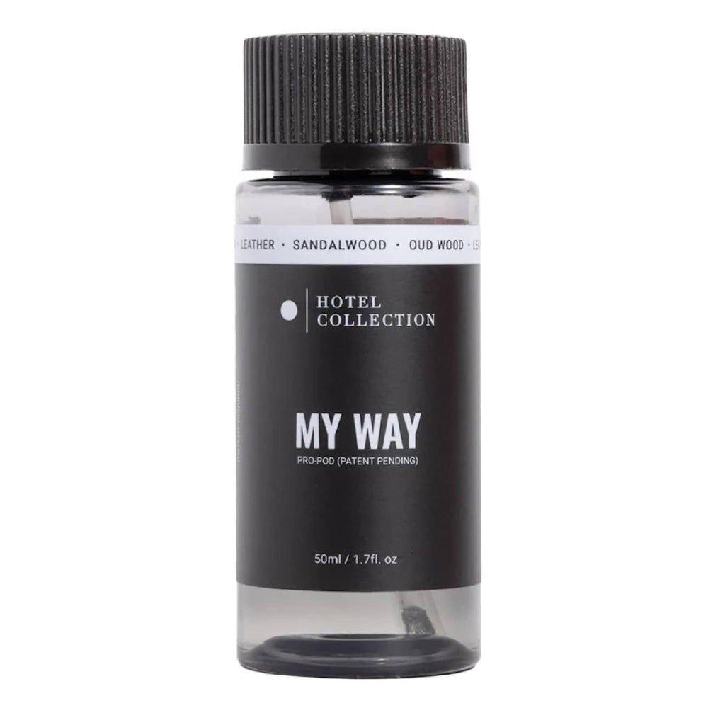 Aroma diffuser oil bottle, dark 'My Way' label and ribbed black cap, 1.7 fl oz
