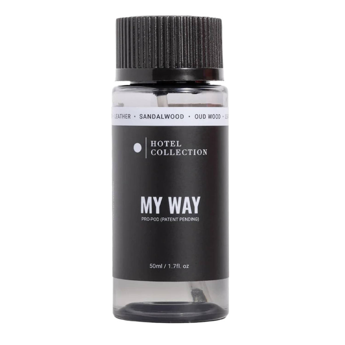 Aroma diffuser oil bottle, dark 'My Way' label and ribbed black cap, 1.7 fl oz