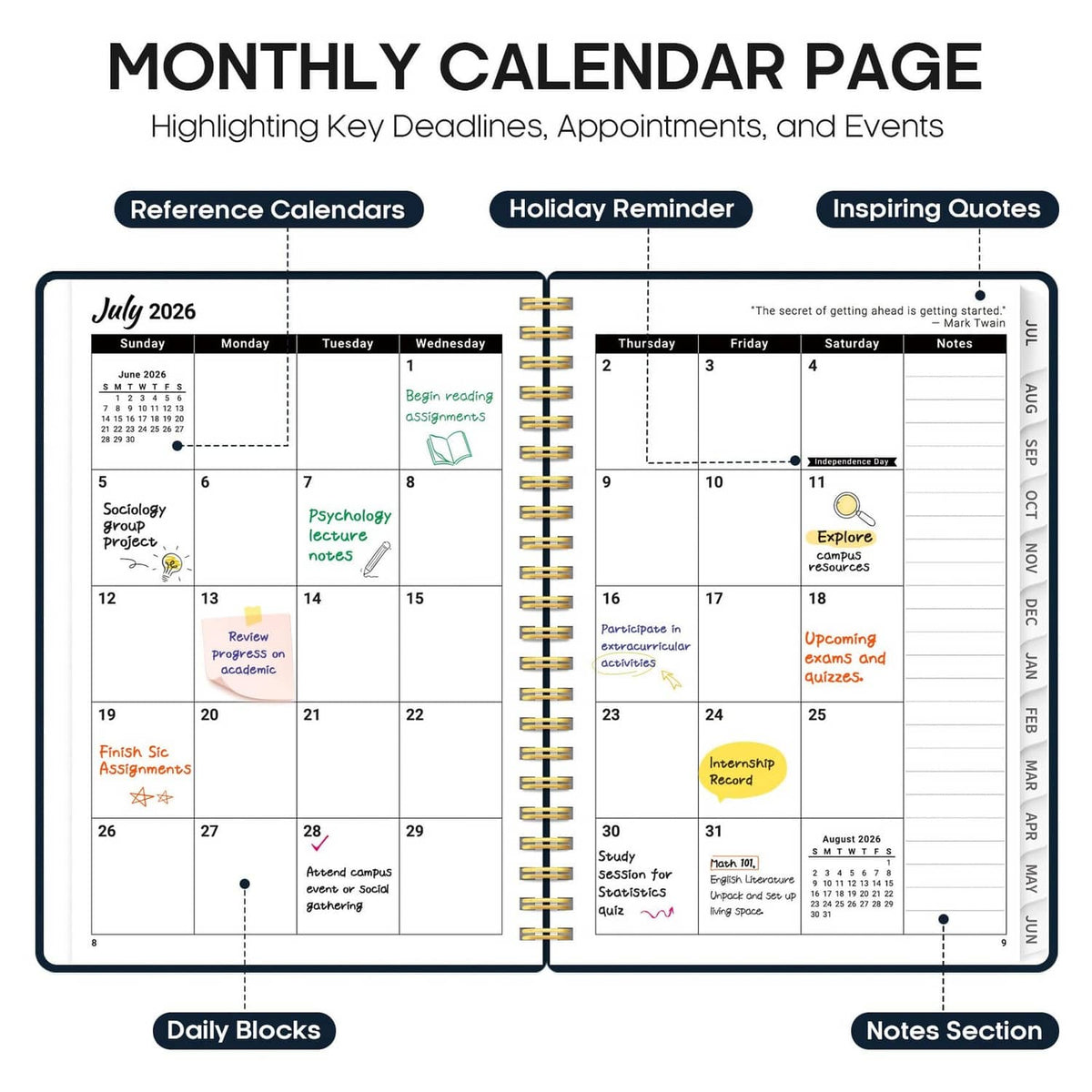 Monthly calendar page spread with highlighted key deadlines, appointments, and notes