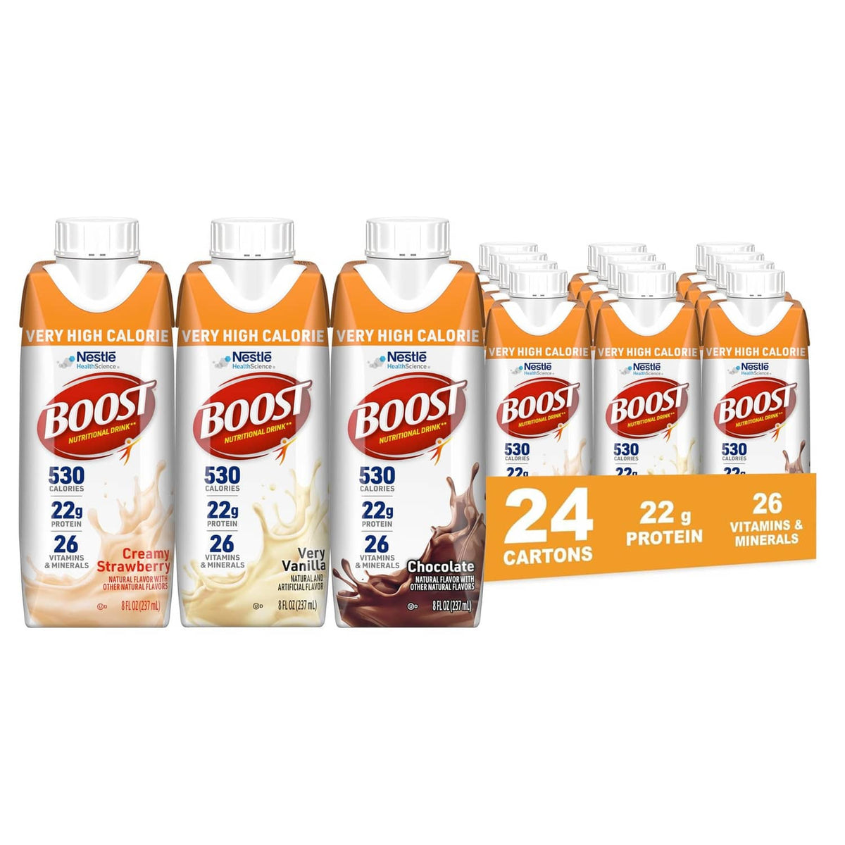 BOOST nutritional drink multipack cartons with three flavors: chocolate, vanilla, strawberry