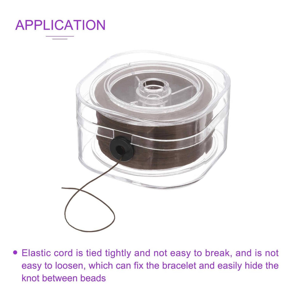 Brown elastic string on spool with tied-knot application for bracelet beadwork
