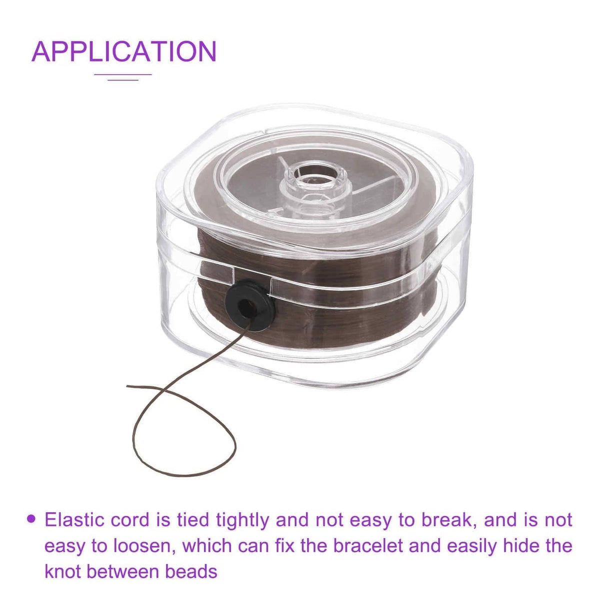 Brown elastic string on spool with tied-knot application for bracelet beadwork