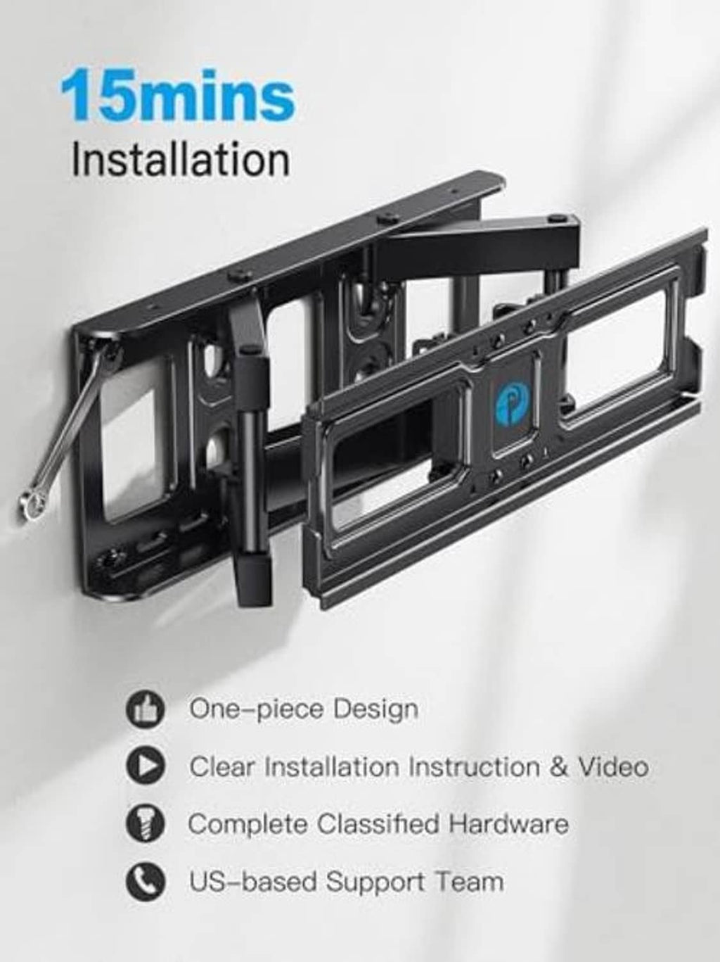 TV wall mount design with one-piece structure and complete included hardware set.