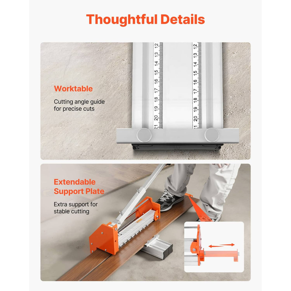 Flooring cutter worktable with angle guide and extendable support plate