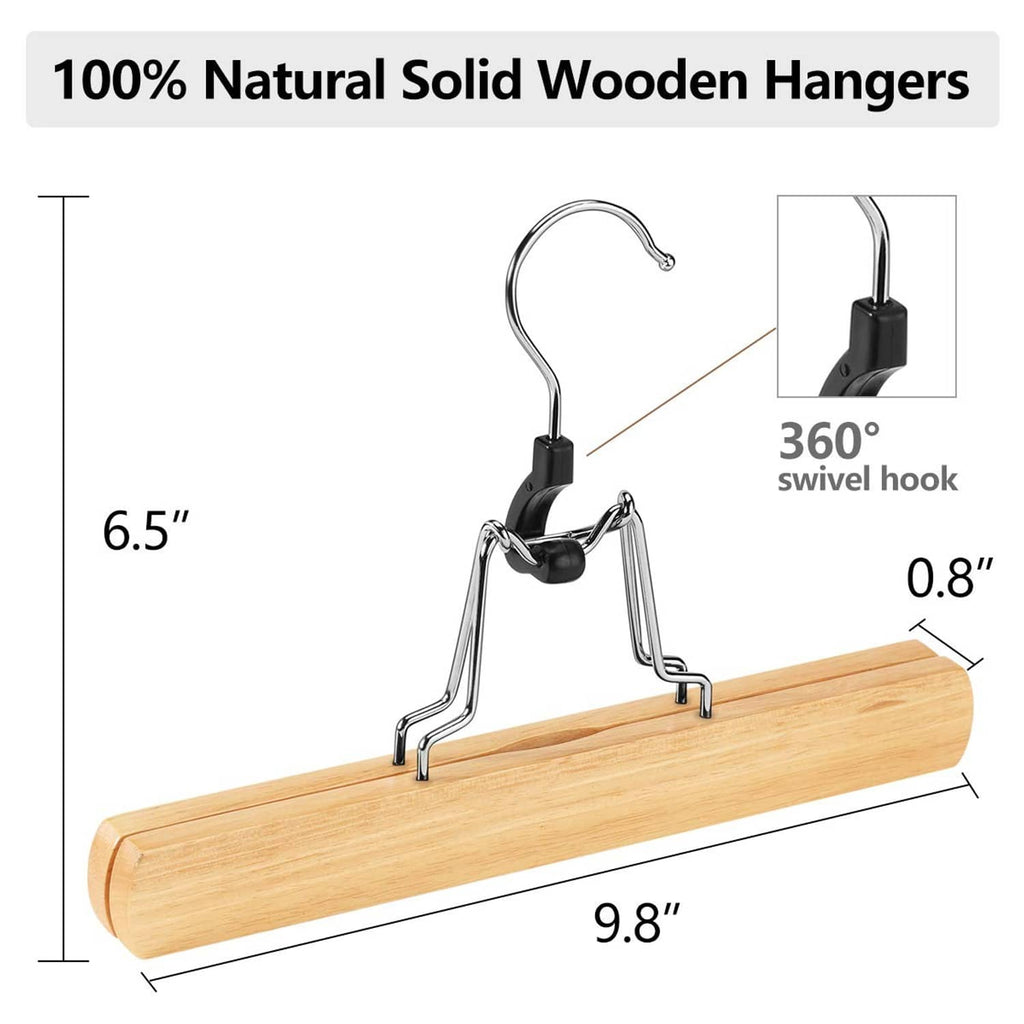 Natural solid wooden pants hanger with 360° swivel hook and black clip