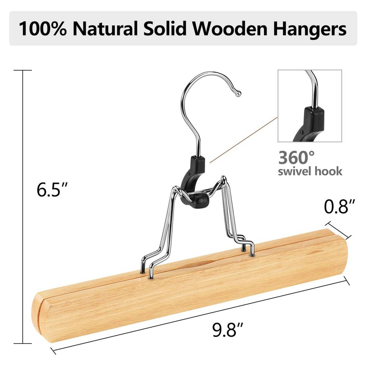 Natural solid wooden pants hanger with 360° swivel hook and black clip