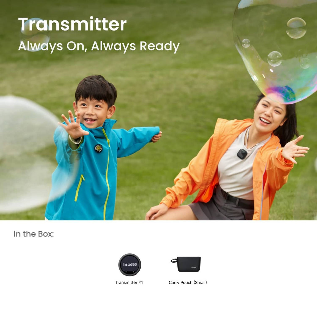 Wireless transmitter and small carry pouch shown as box contents