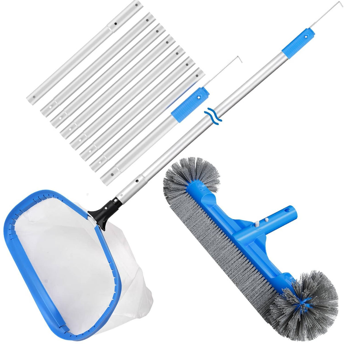 Pool net and brush set with blue mesh bag, grey pole, and dual grey bristle heads
