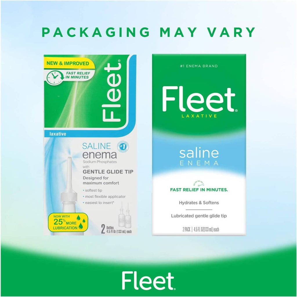 Saline enema multipack packaging showing 2 bottles and gentle glide tip