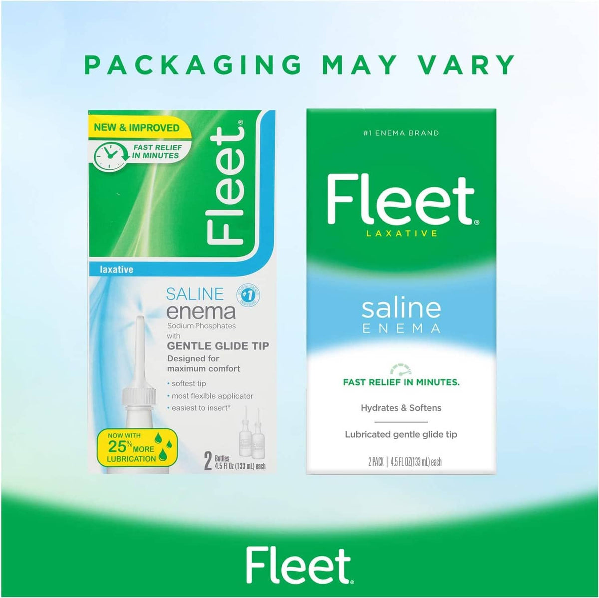 Saline enema multipack packaging showing 2 bottles and gentle glide tip