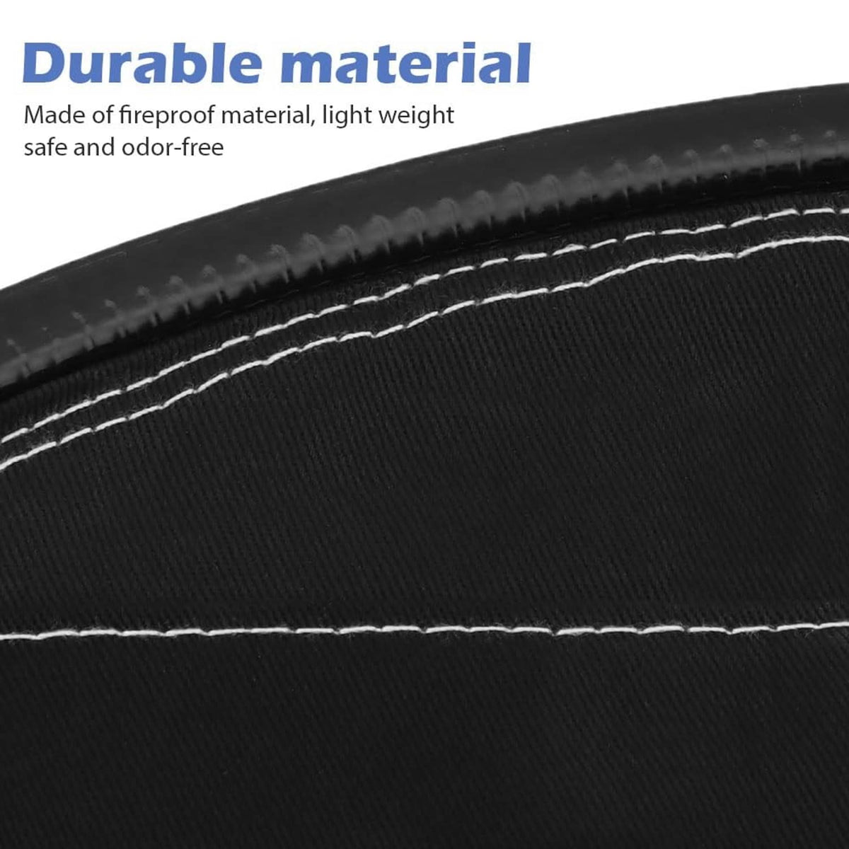 Black fabric welding helmet cover edge seam with double white stitching