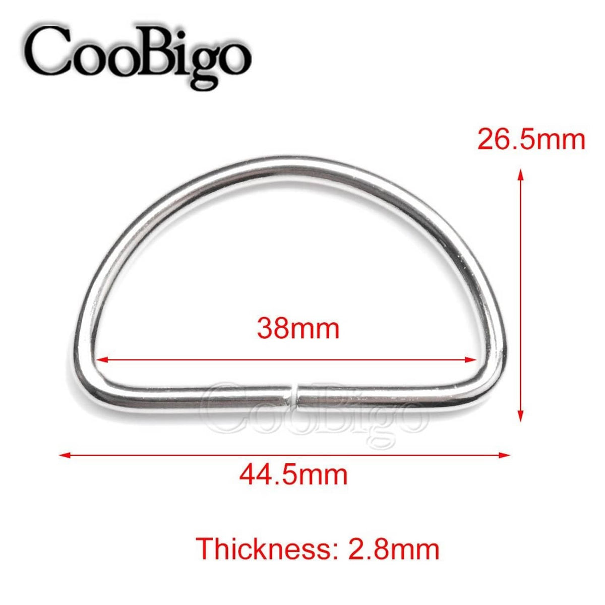 Silver metal D-ring buckle, 44.5 x 38 x 2.8 mm