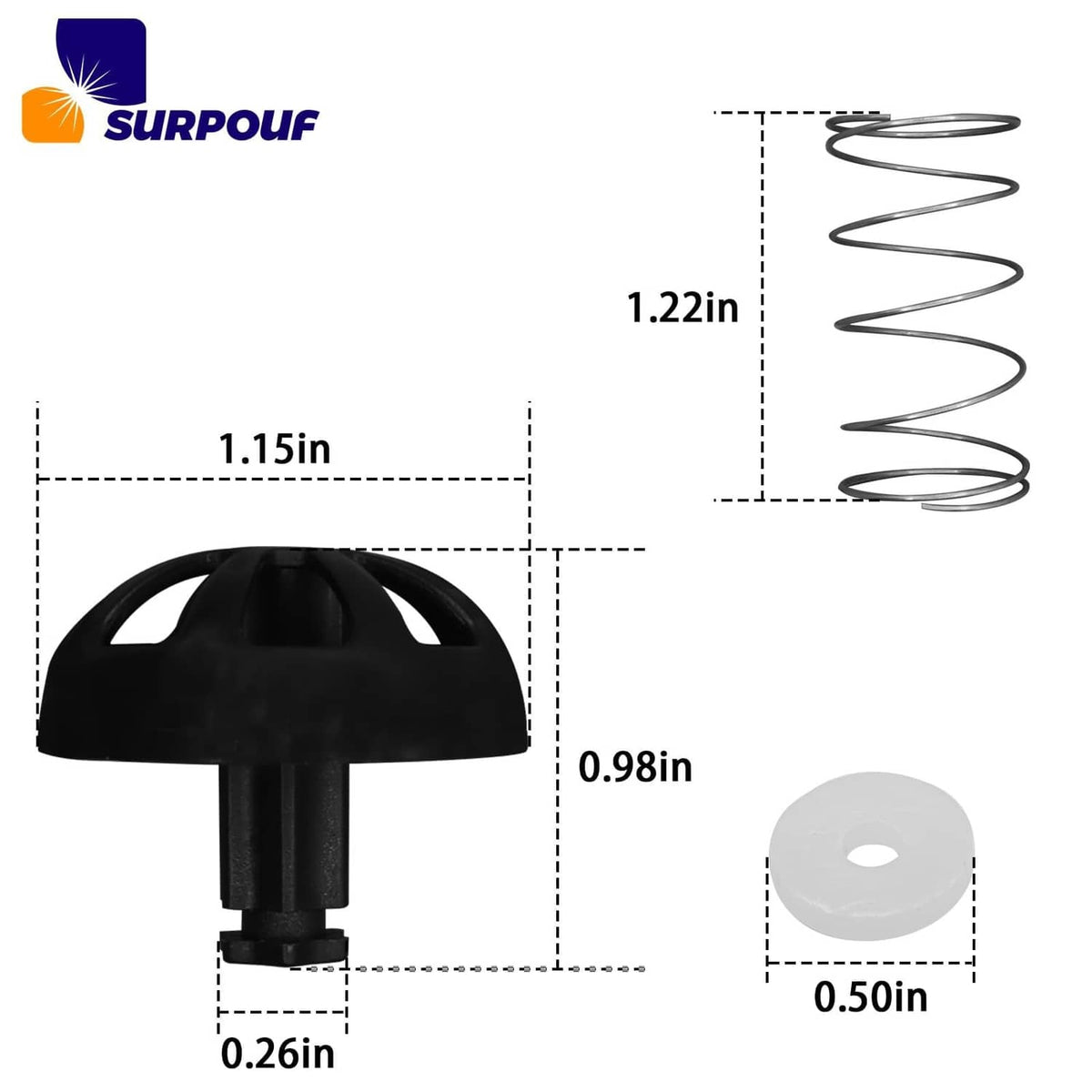 Black coffee brew basket stopper and white sealing disc with coiled spring