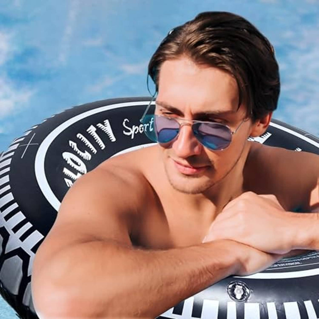 Black-and-white inflatable tire pool float ring with “High Velocity” Sport lettering