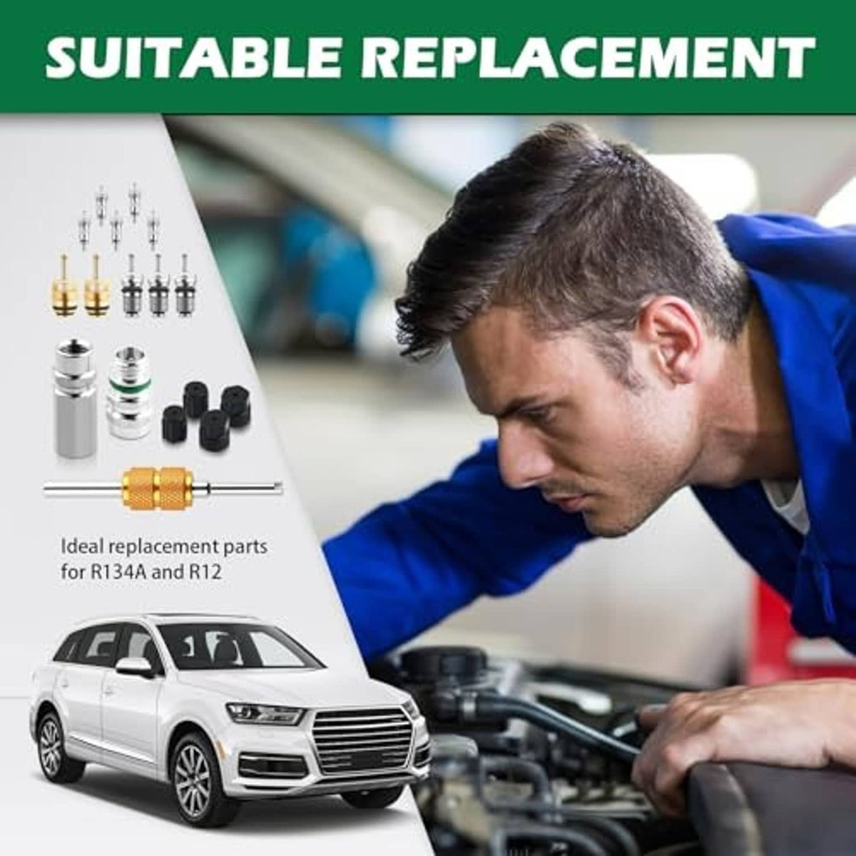 Car AC valve core kit replacement parts with a mechanic working near a vehicle engine