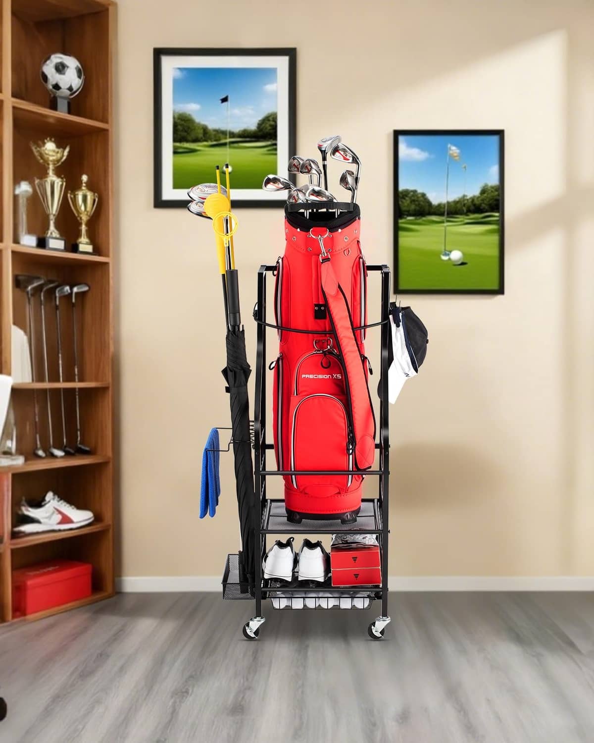 Freestanding golf bag storage rack with red bag and club holders, black frame, indoor setup