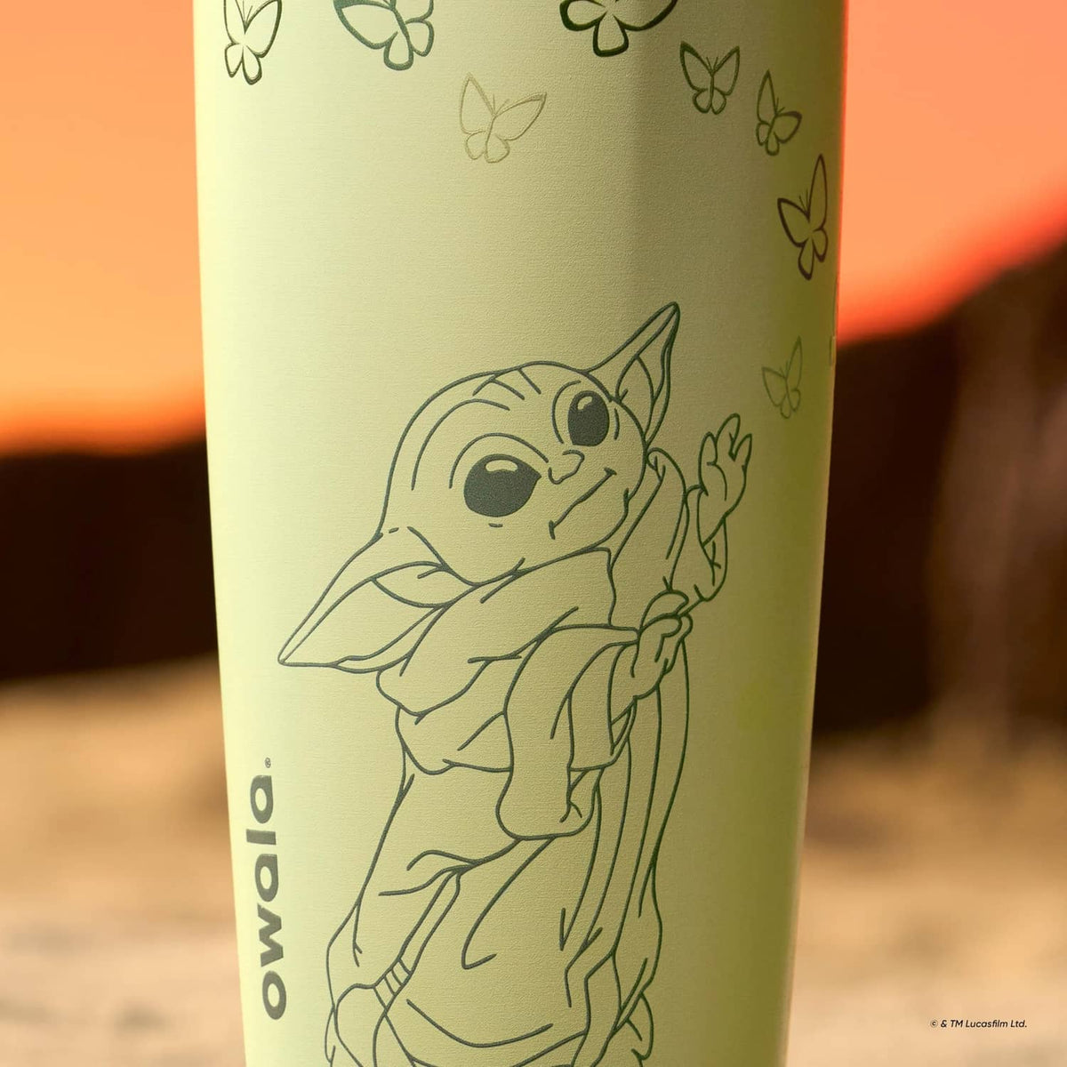 Close-up of Owala green water bottle with GroGu line-art and butterfly pattern