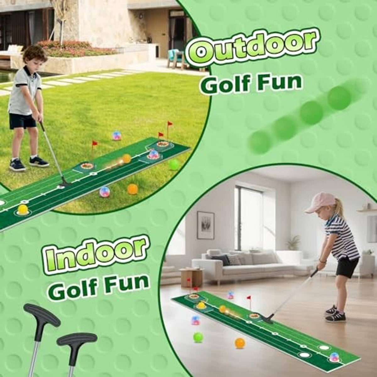 Indoor and outdoor golf putting mat set, green course with flags and glowing balls