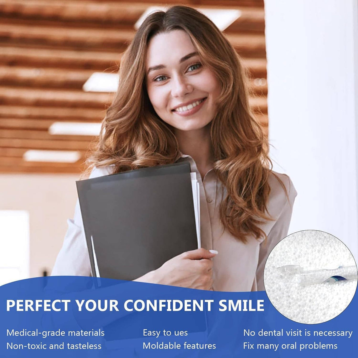Moldable false teeth kit lifestyle scene with smiling woman and feature icons