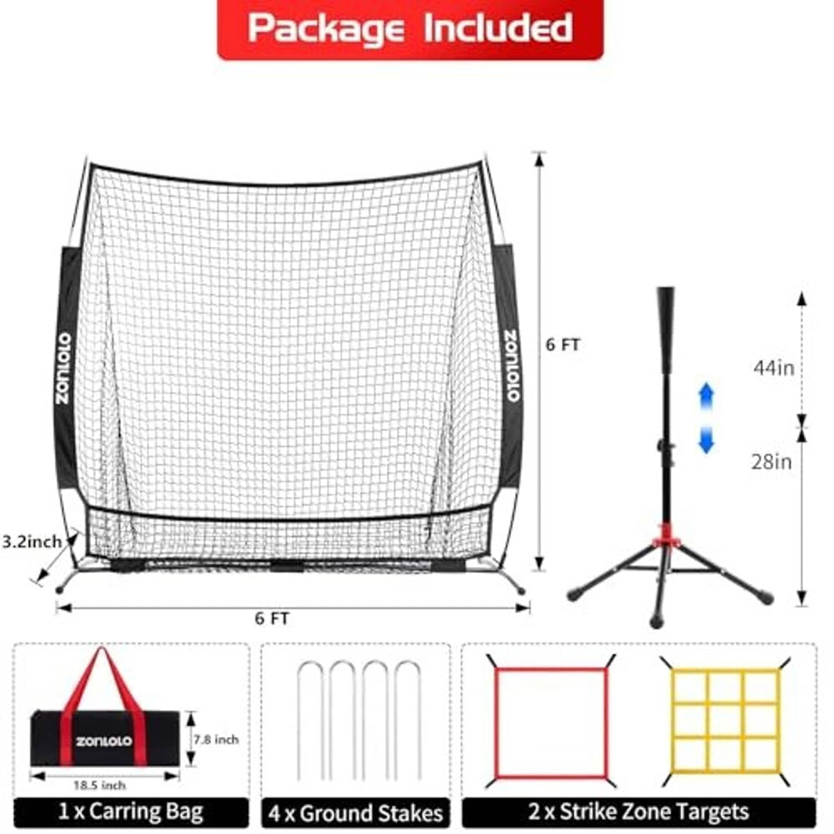 Practice net size chart with black frame and white mesh, red and yellow strike zone targets