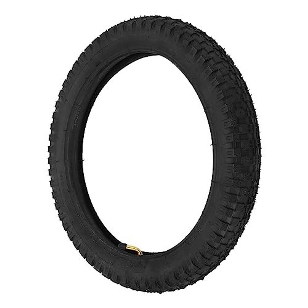 Black 16x2.4 kids dirt bike tire with chunky knobby tread and visible valve stem