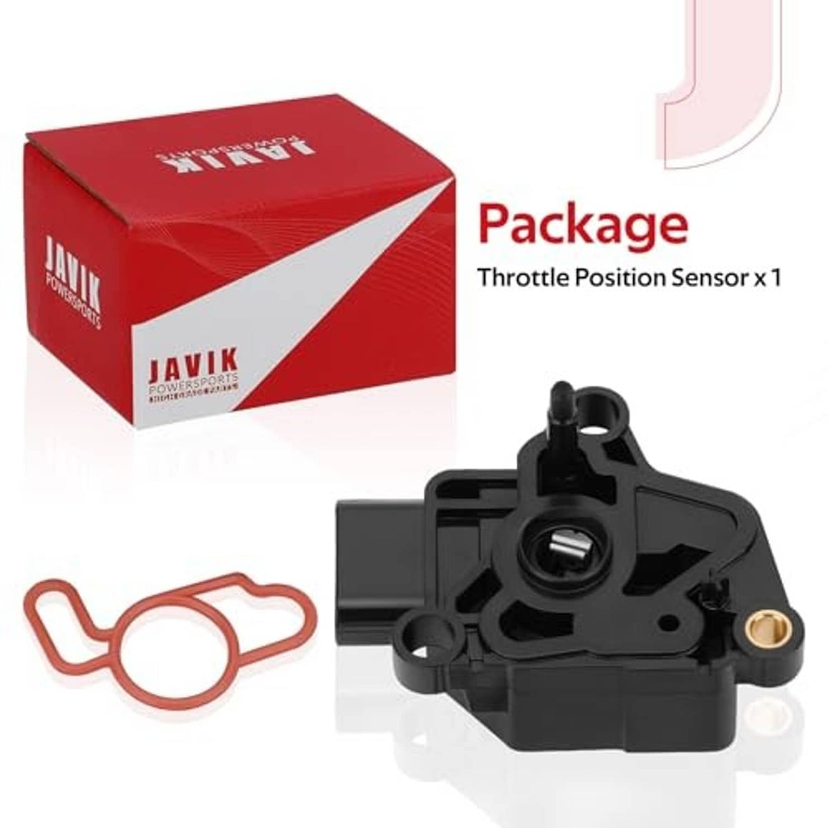 Black throttle position sensor with red gasket beside retail box, packaged set