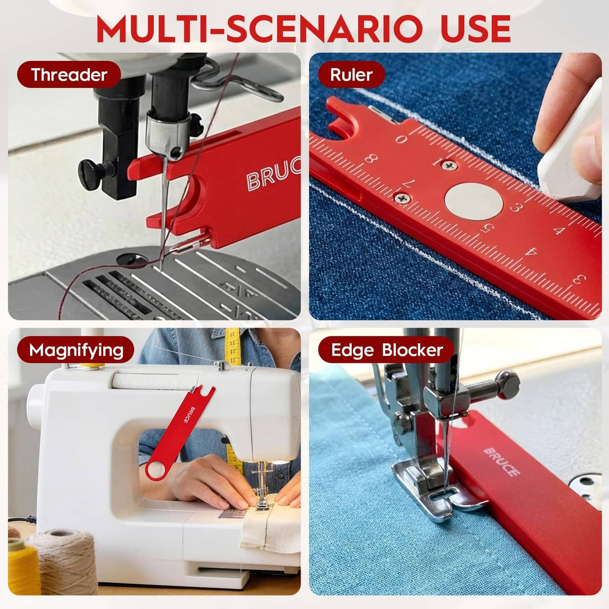 Red sewing guide ruler with needle threading tool used on fabric edges