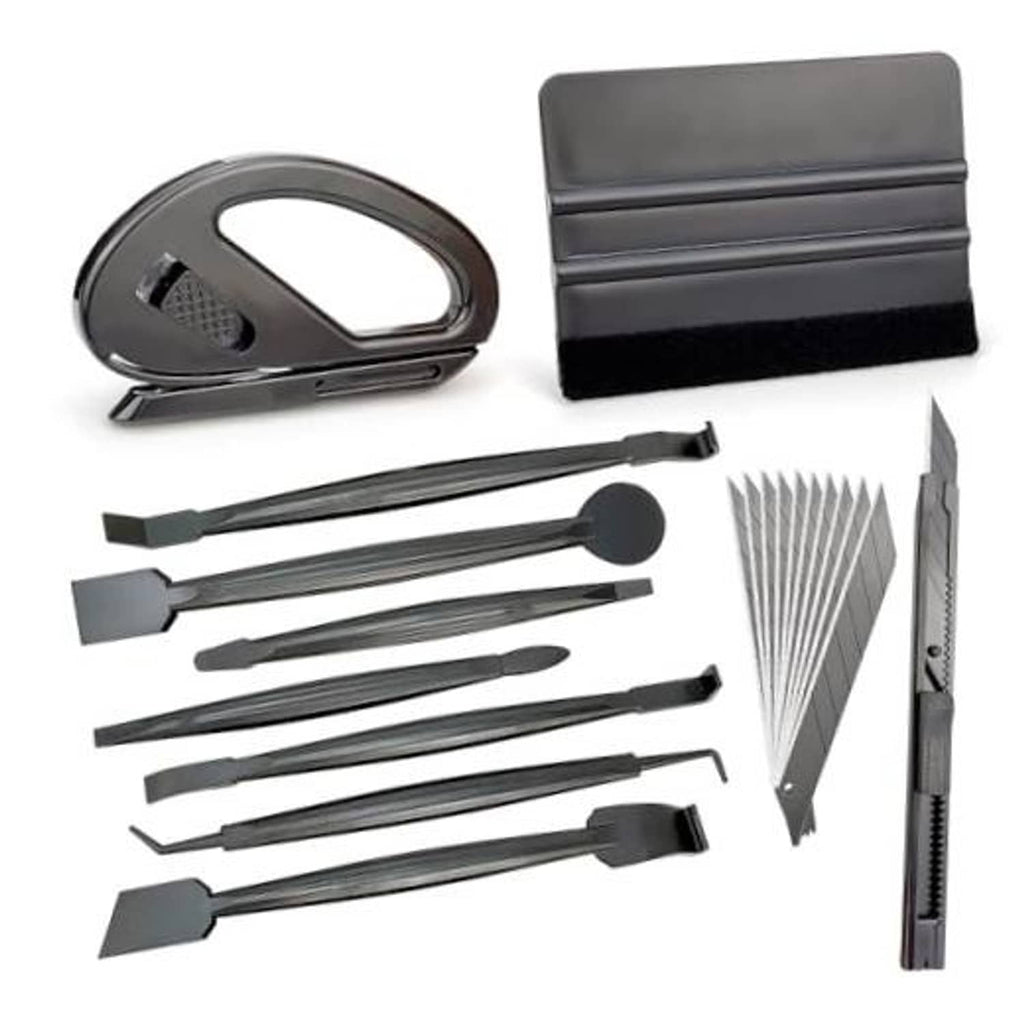 Car window tint wrapping tool kit with razor cutter, squeegees, blades, and edge wrap tools