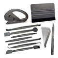 Car window tint wrapping tool kit with razor cutter, squeegees, blades, and edge wrap tools