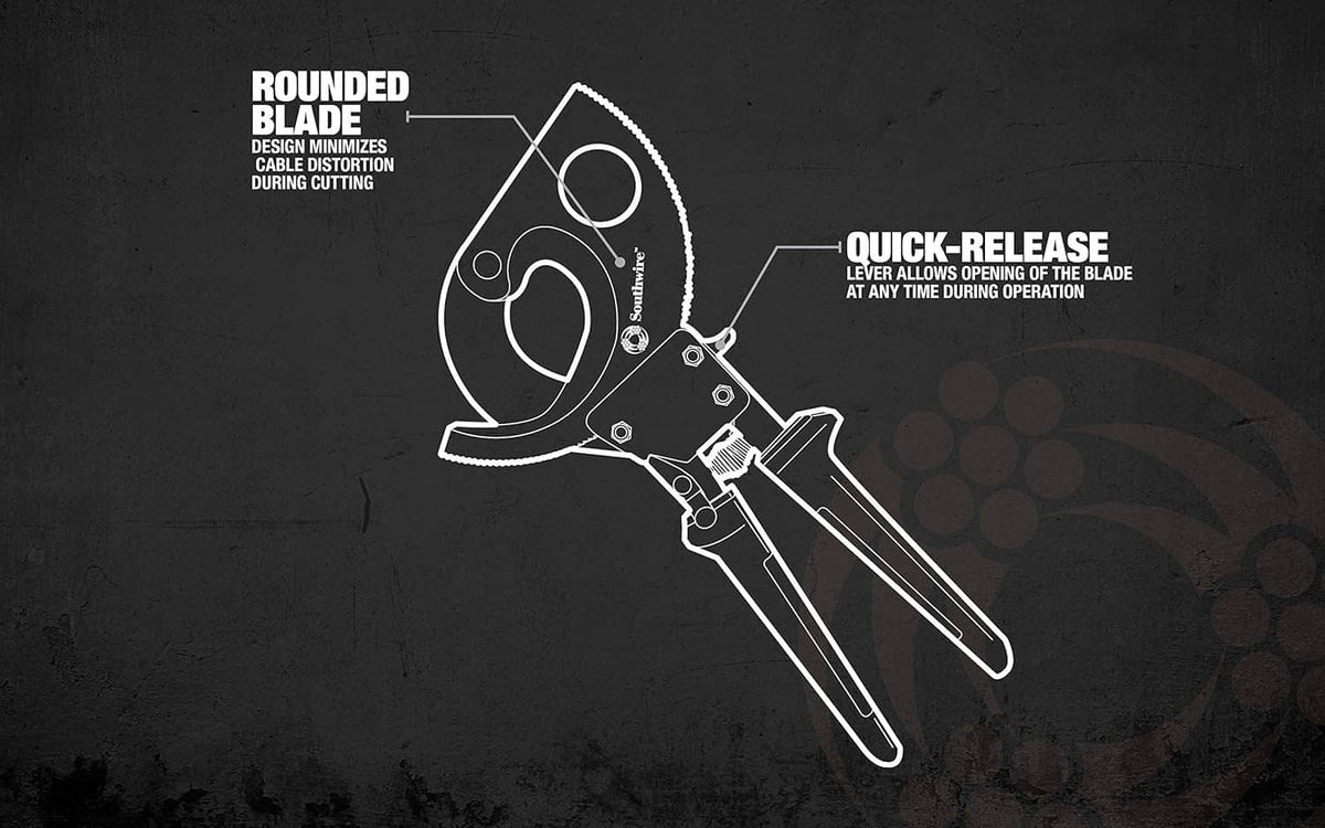 Ratcheting cable cutter tool with round blade head and clamp-style mechanism