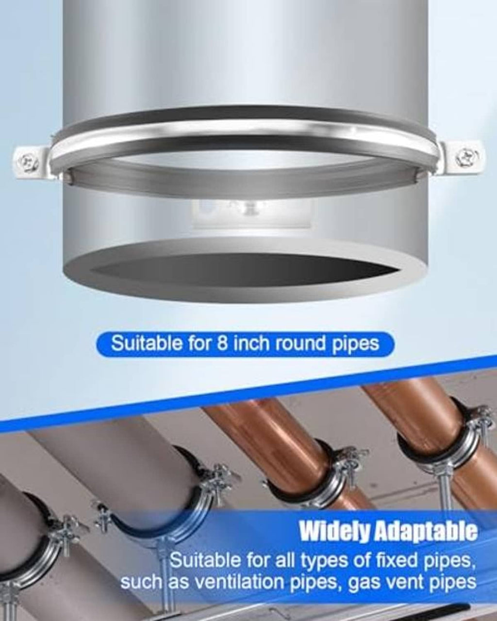 8-inch B-vent pipe support bracket with black split ring around a vent pipe
