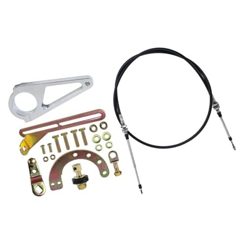 Transmission shift linkage kit parts with black cable and silver lever bracket
