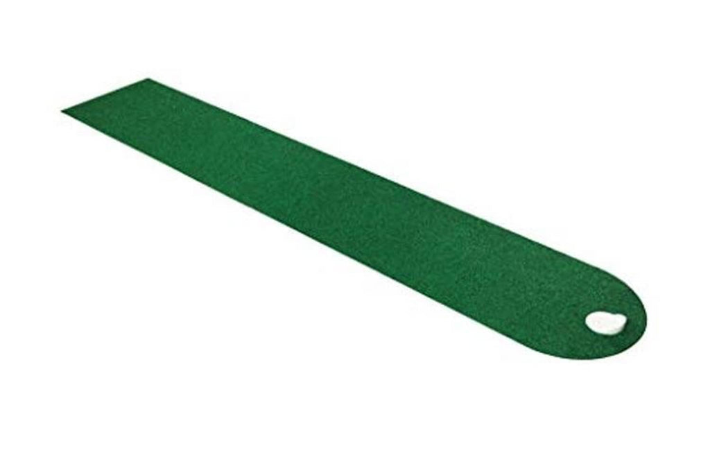 Green putting mat with white hole marker at rounded end