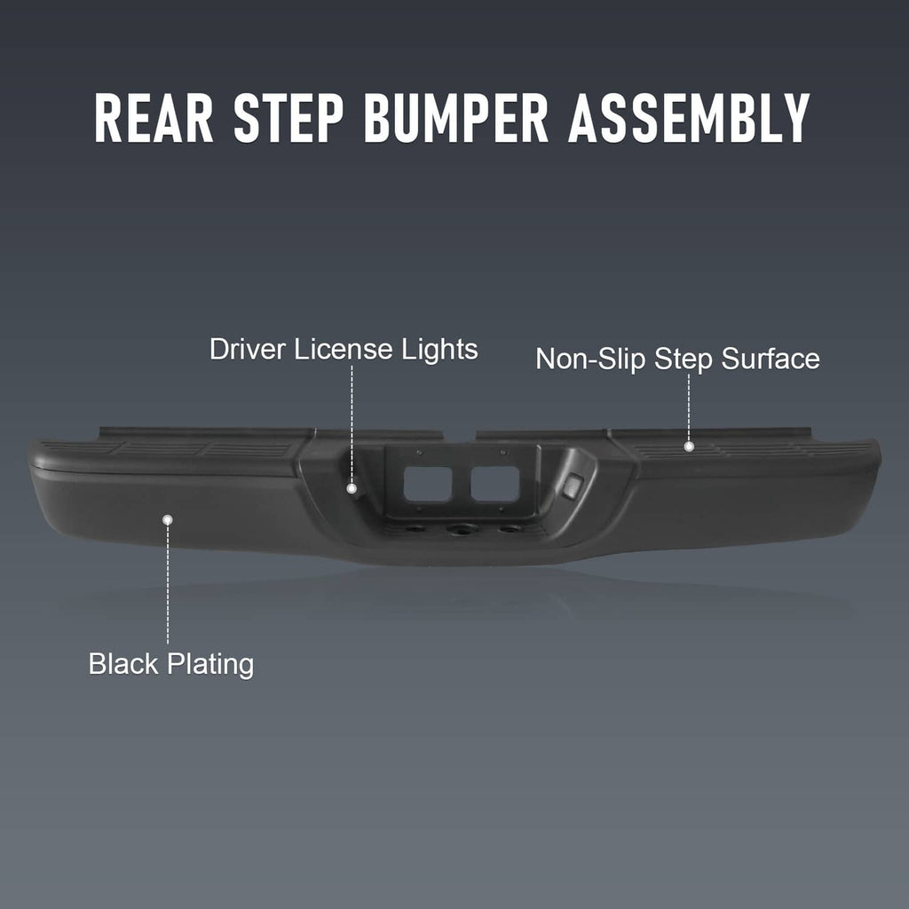 Black rear step bumper assembly with non-slip step surface and light cutouts