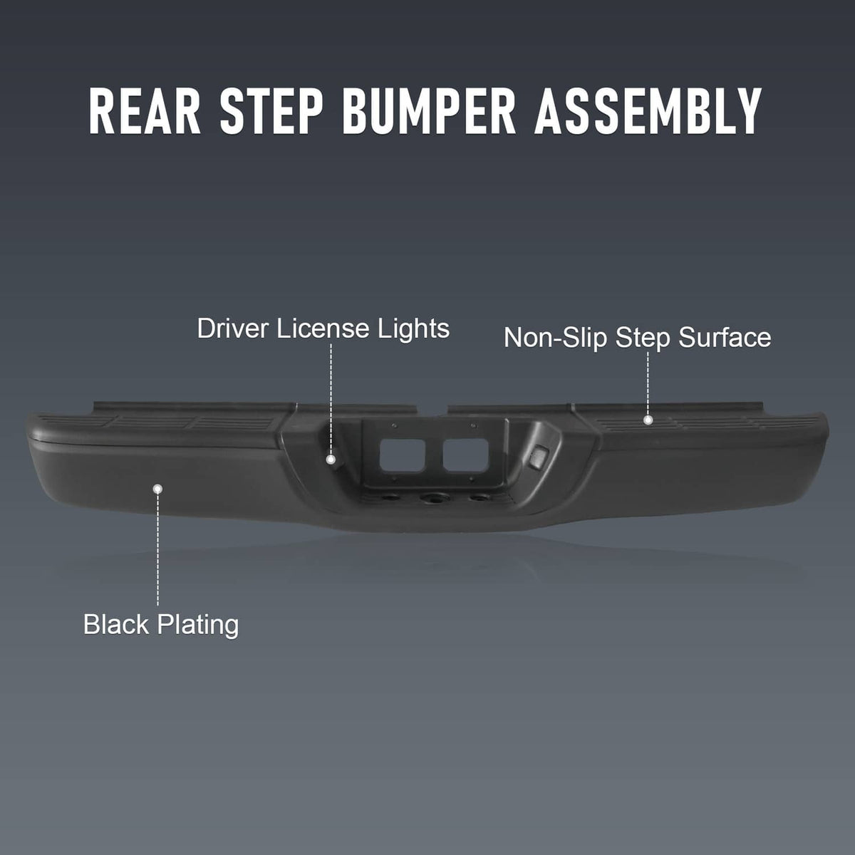 Black rear step bumper assembly with non-slip step surface and light cutouts